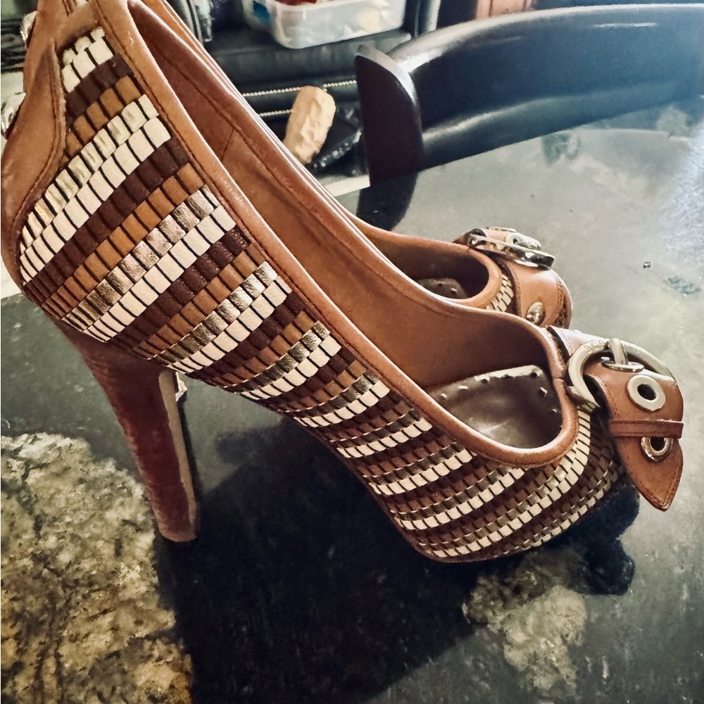 BCBG Brown and Cream Striped Heels